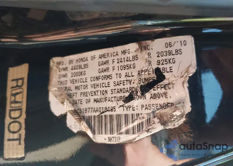 2010 Honda Accord 2.4 Ex из США, поврежденный, VIN 1HGCS1B77AA018435